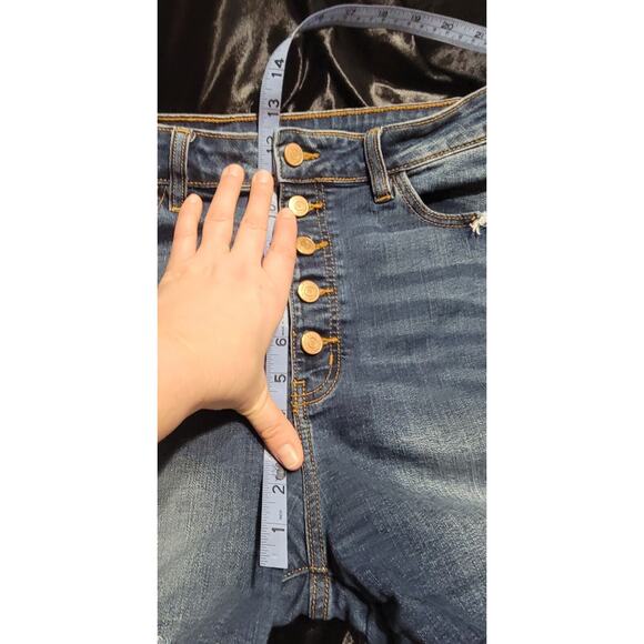 Kancan Sz L Jess Ultra High Rise Exposed Button Fly Dark Wash Shorts - Picture 2 of 5